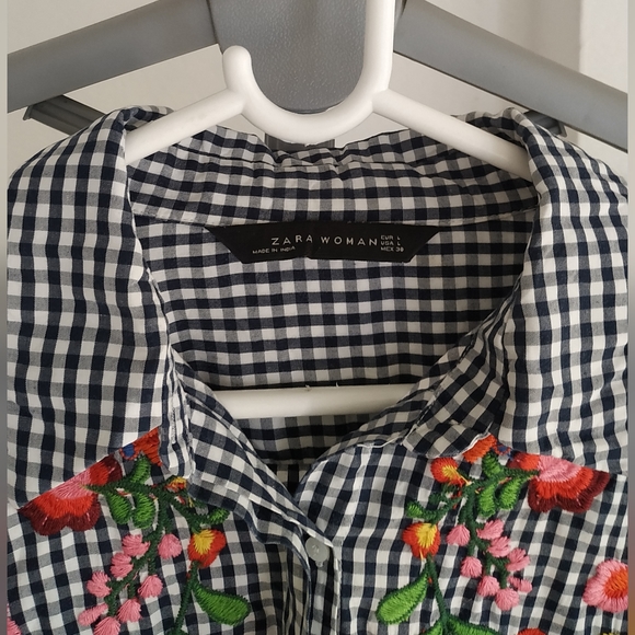 Zara Black & White Gingham Check Shirt With Embroidery - Picture 6 of 12